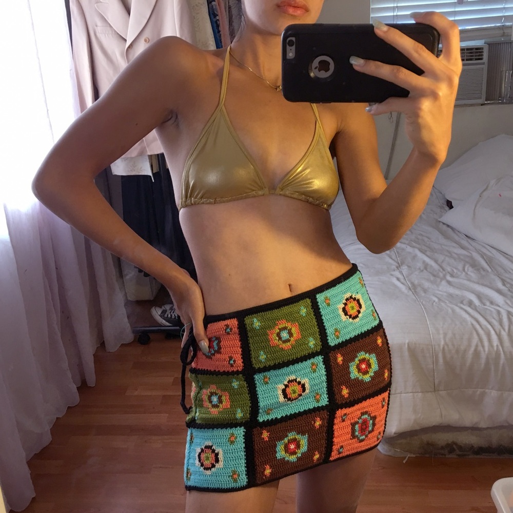 Vintage Patterned Knit Mini Skirt 70's inspired
